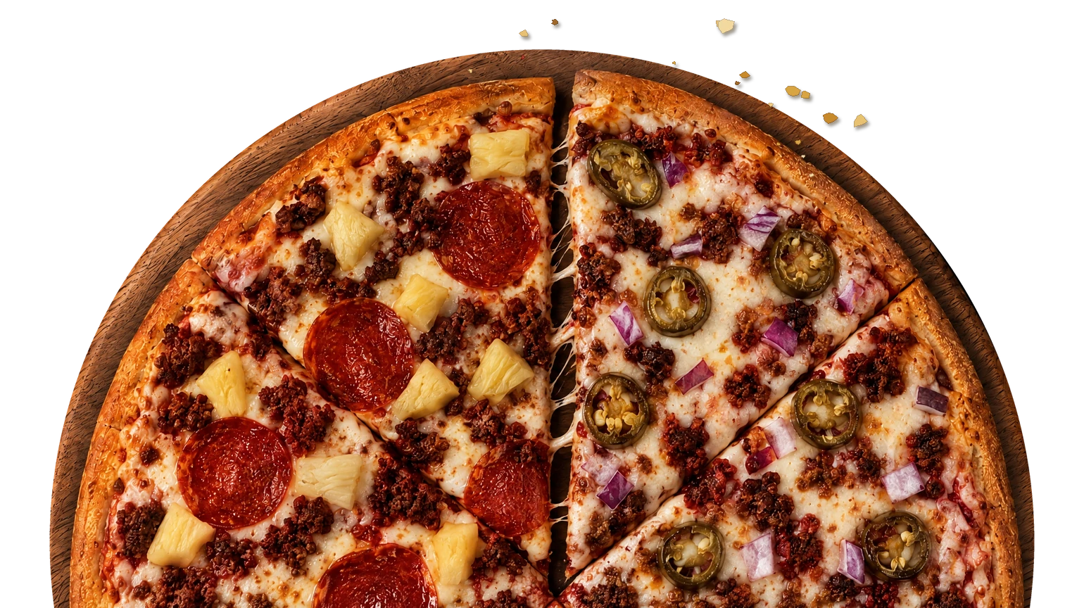 Media pizza: dos rebanadas de Cubana y dos de Mexicana, una rebanada separada con queso derretido